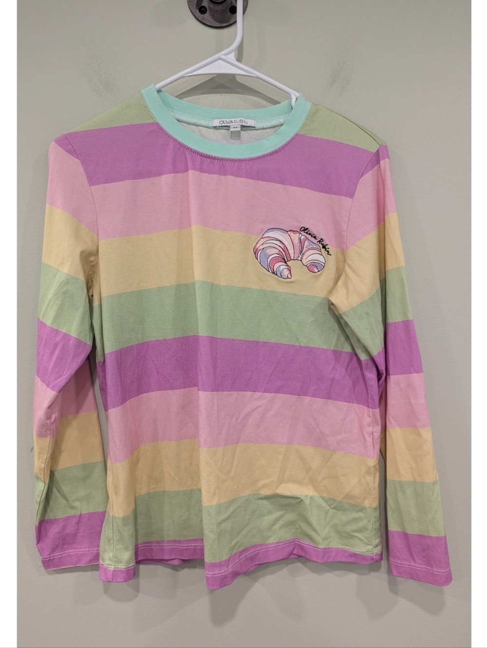 Olivia Rubin Pastel Striped Croissant Applique 100% Cotton Shirt Size XS